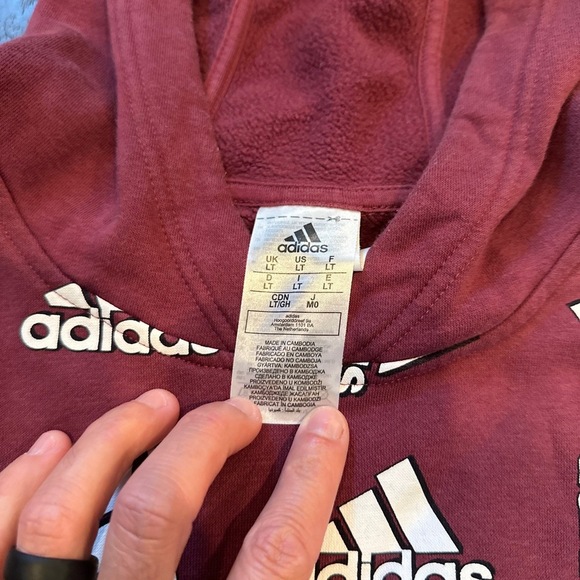 Adidas Hoodie Large burgundy Allover Logo Print Long Sleeve Kangaroo Pocket - Picture 2 of 3